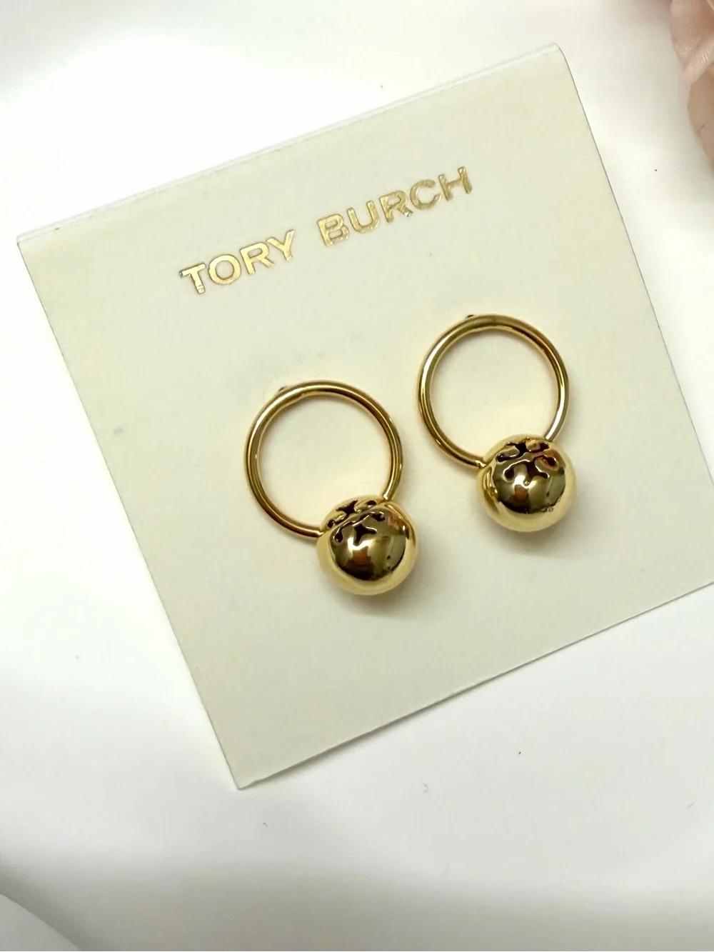 Tory Burch Shiny Gold Logo Bead Drop Earrings